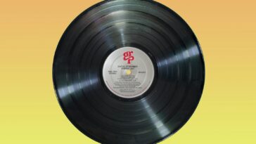 black vinyl record on orange surface