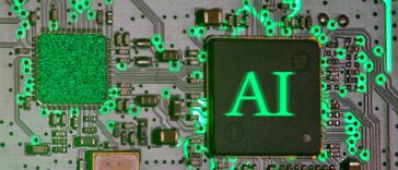 Glowing ai chip on a circuit board.