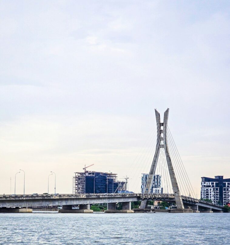 A large bridge over a large body of water